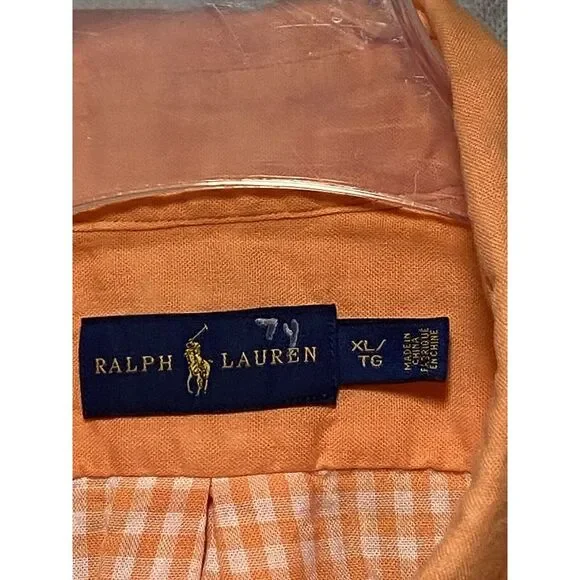 Ralph Lauren Shirt Men XL Orange Cotton Casual Button Up Green Pony Check Lined - Picture 8 of 11